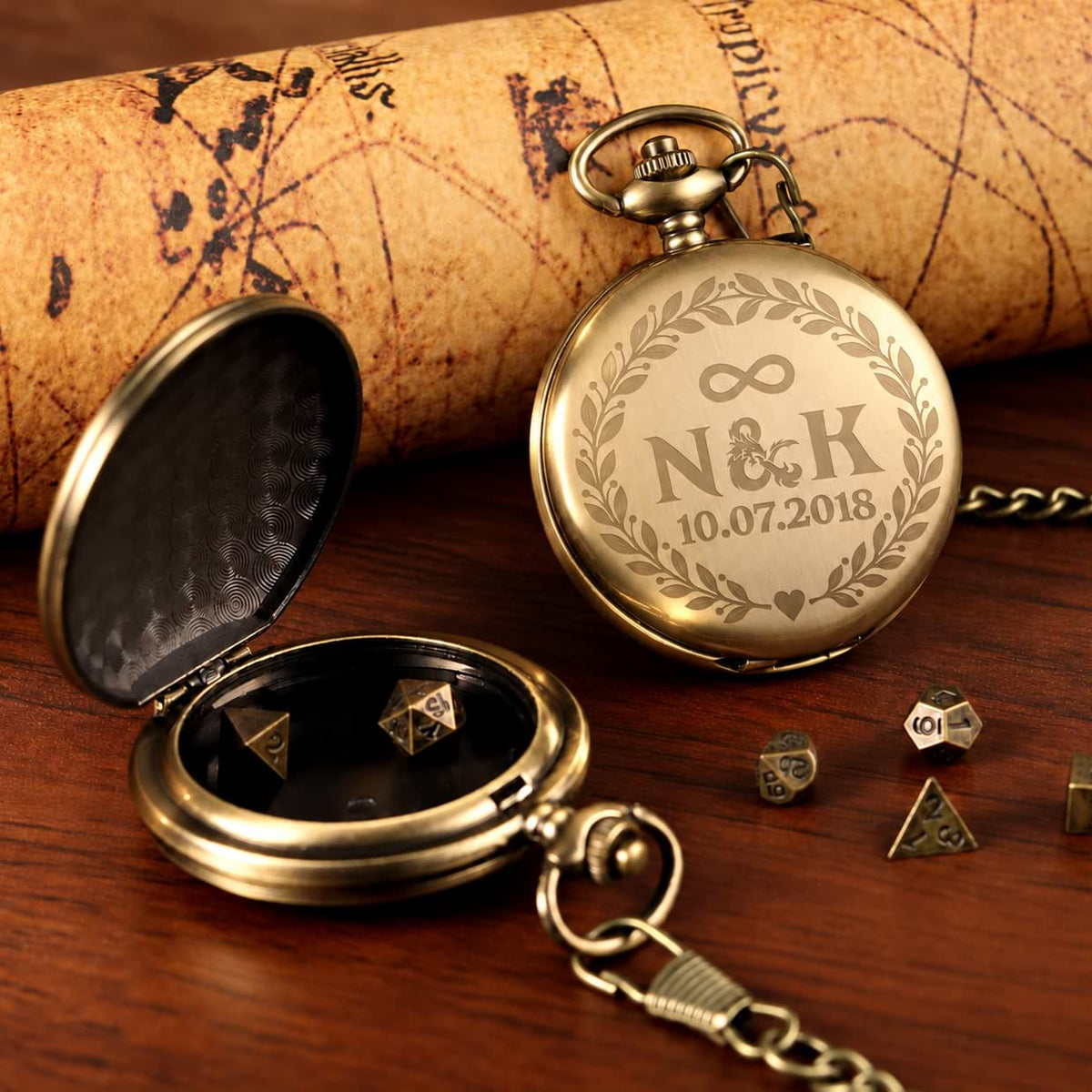 Custom Pocket Watch Dice Set – Personalized Anniversary Gift